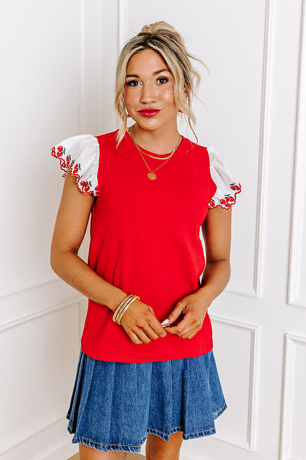 Premium Cherry Embroidered Flutter Sleeve Top