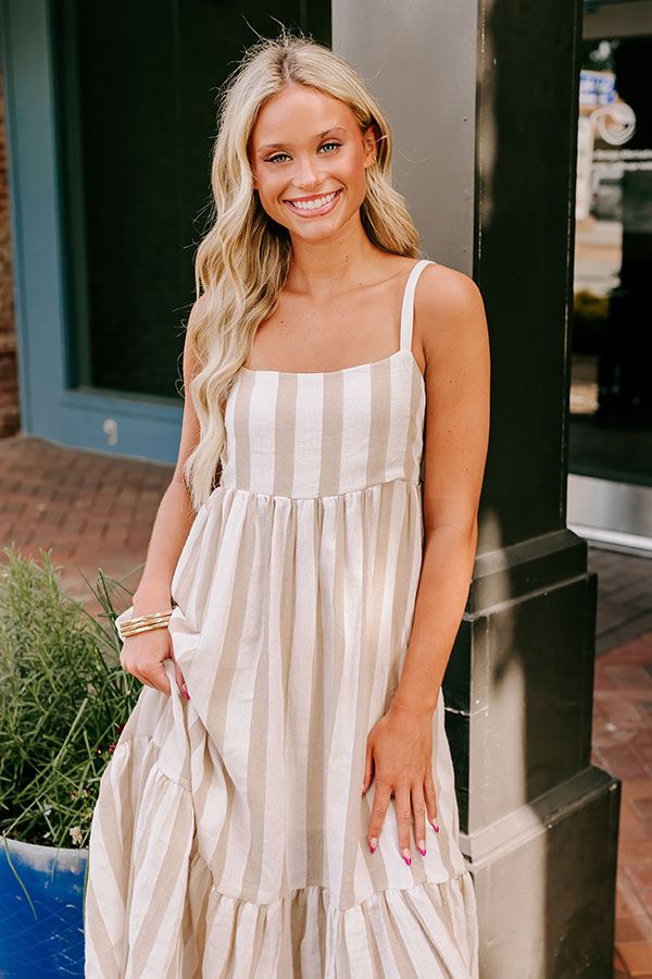 Premium Coastal Striped Midi Dress - Oatmeal