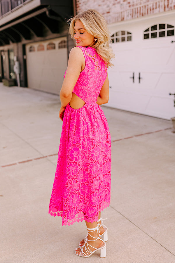 Ultimate Elegance Lace Cut Out Midi Dress - Hot Pink