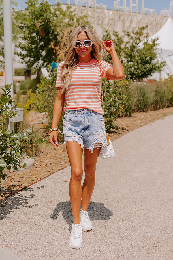 Premium Vacay Mode Striped Top - Light Coral