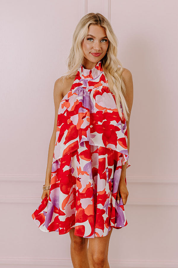 Premium Santorini Seashells Dress - Vibrant Red Floral Design