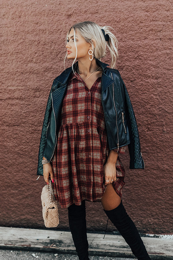 Premium Cherry Mood Plaid Tunic Dress - Wine Red Elegance