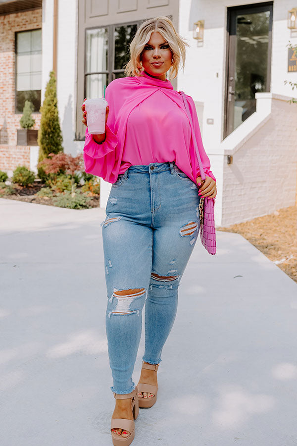 Ultimate Pink Curves Mock Neck Top - Effortless Elegance