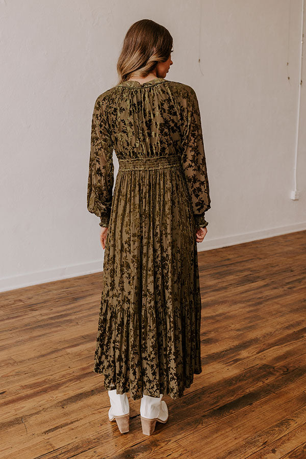 Premium Velvet Burnout Maxi Dress - Olive Botanical Romance