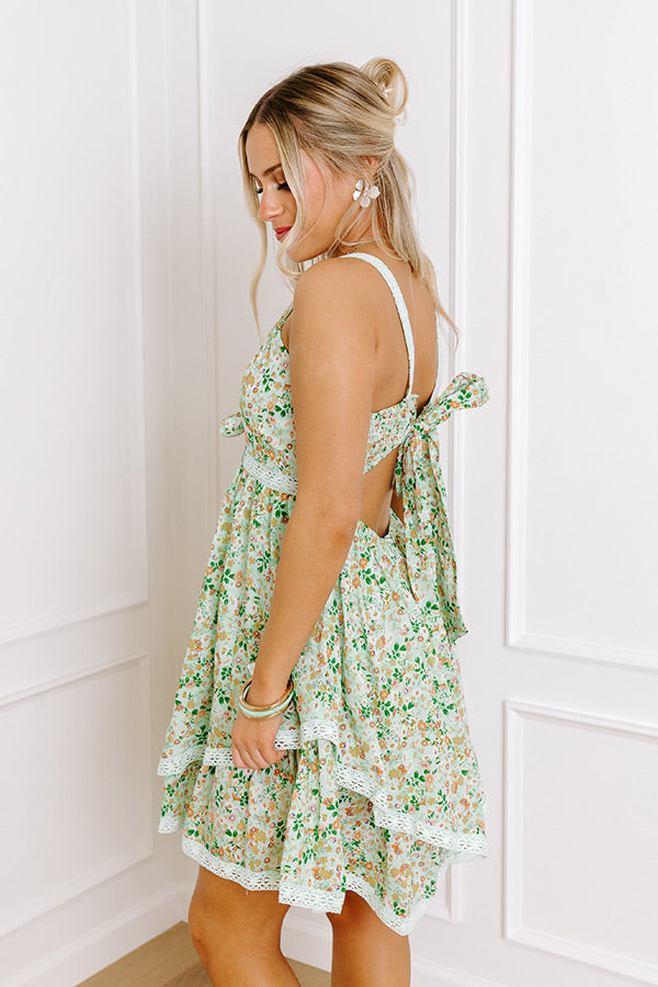 Premium Floral Mini Dress - Mint Green Elegance