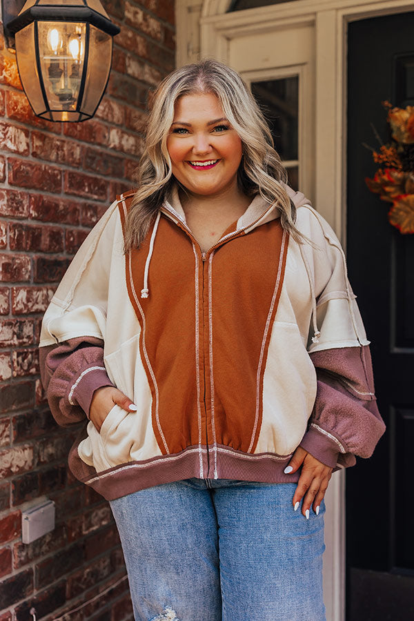 Premium Autumn Color Block Hooded Sweater - Brown Curves