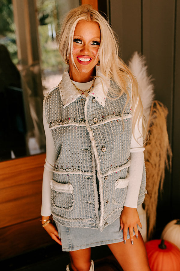 Premium Denver Dreams Pearl Embellished Denim Vest - Light Wash