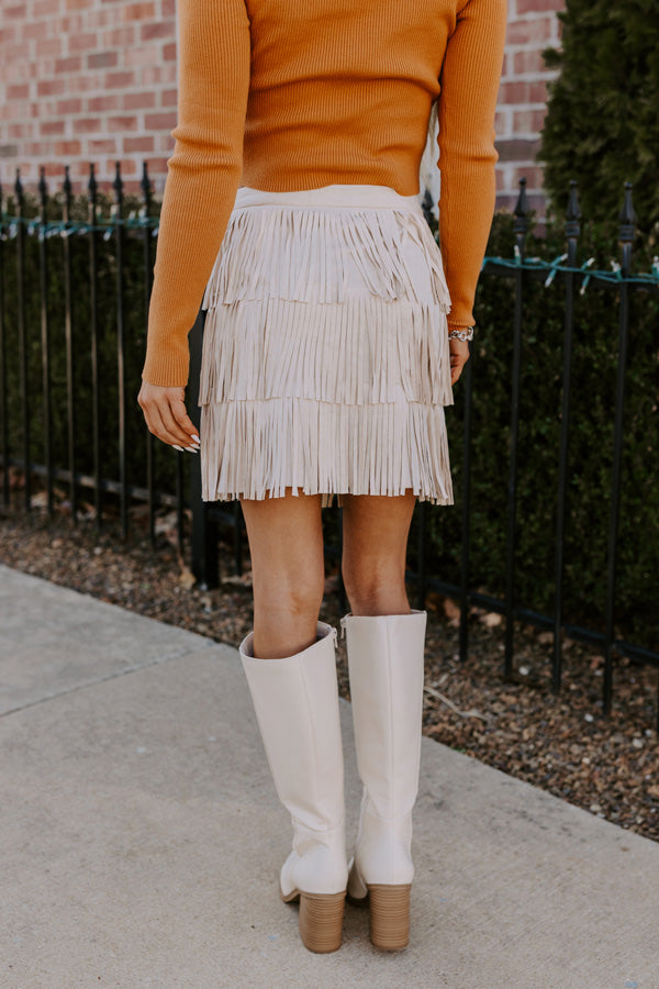 Premium Boho Chic Fringe Skirt - Cream Faux Suede