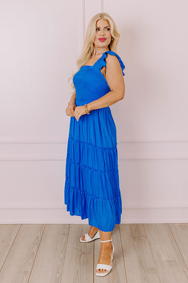 Premium Napa Valley Smocked Midi Dress - Royal Blue Elegance