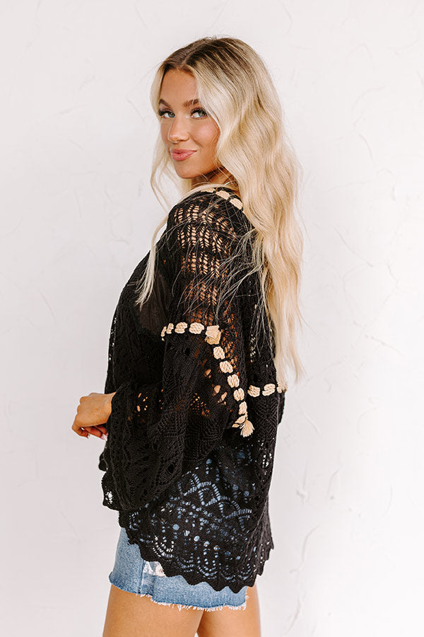 Premium Boho-Chic Pointelle Knit Cardigan in Black