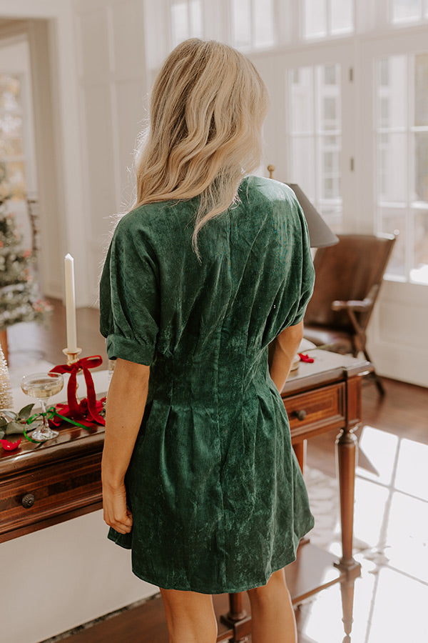 Premium Hunter Green Corduroy Mini Dress with Rhinestone Accents