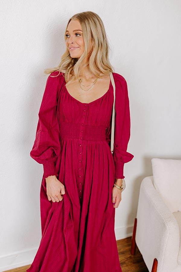 Premium Sunset Views Button Down Midi Dress in Wine