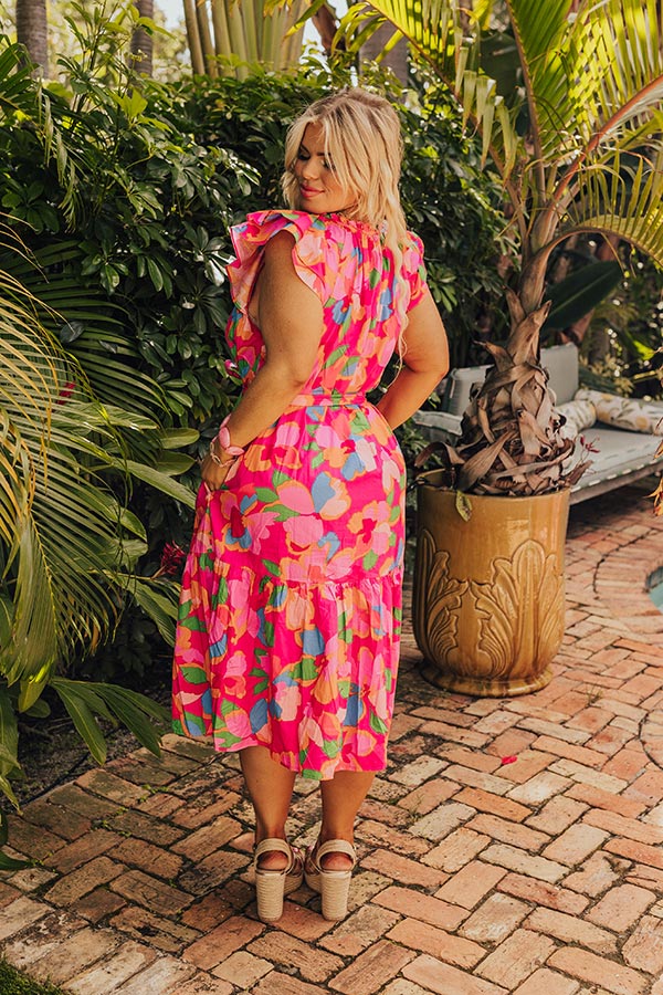 Premium French Riviera Floral Midi Dress - Hot Pink Curves