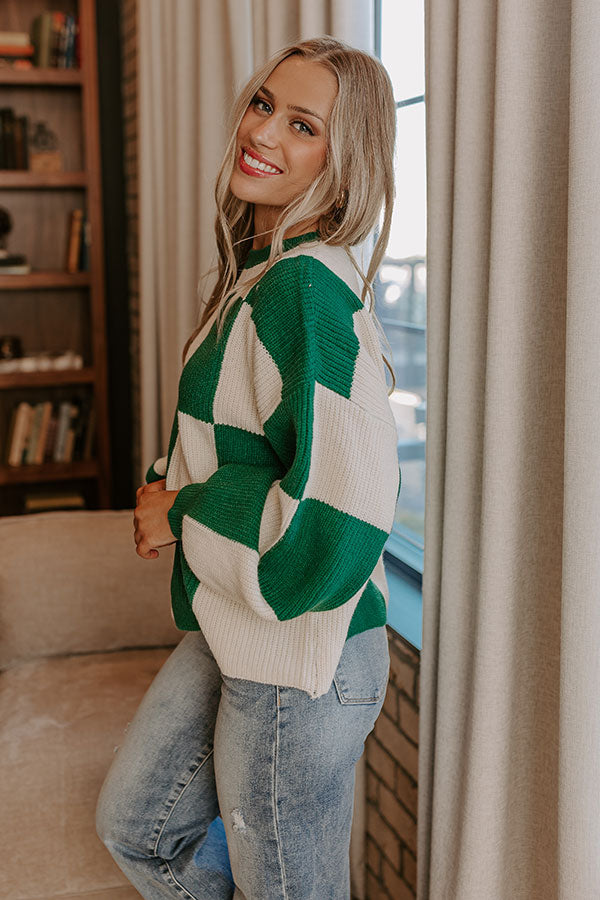 Premium Checkered Knit Sweater - Hunter Green & Ivory