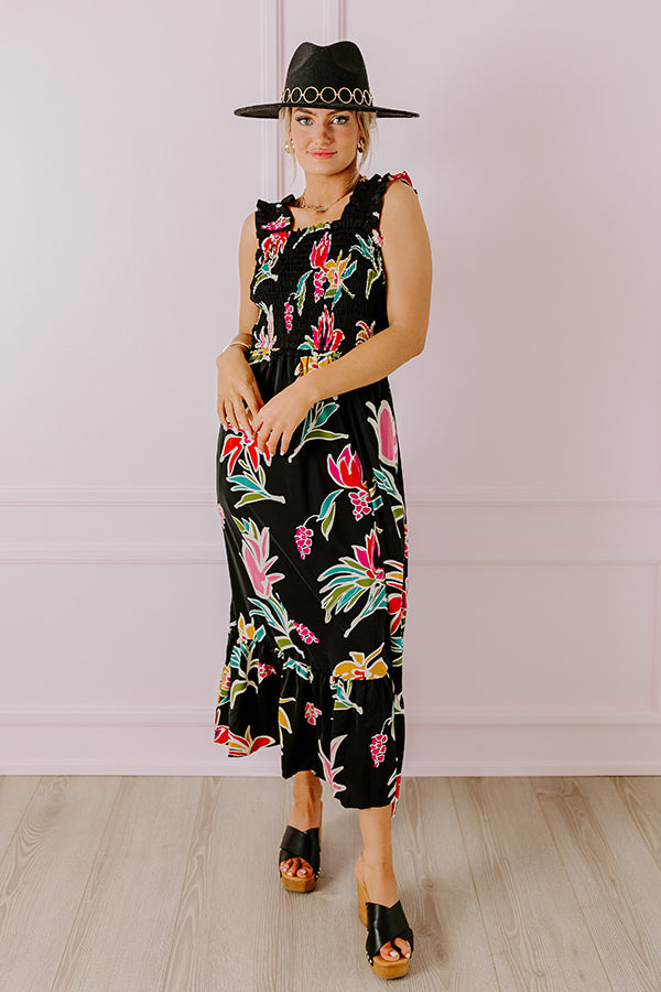 Ultimate Happy Blooms Smocked Midi Dress - Black