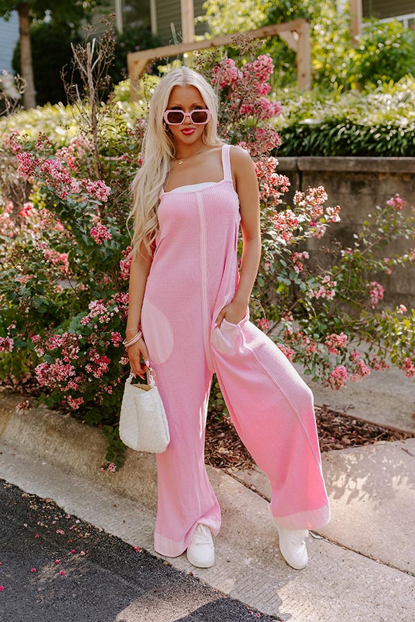 Ultimate Comfort Wide Leg Waffle Knit Jumpsuit in Pink