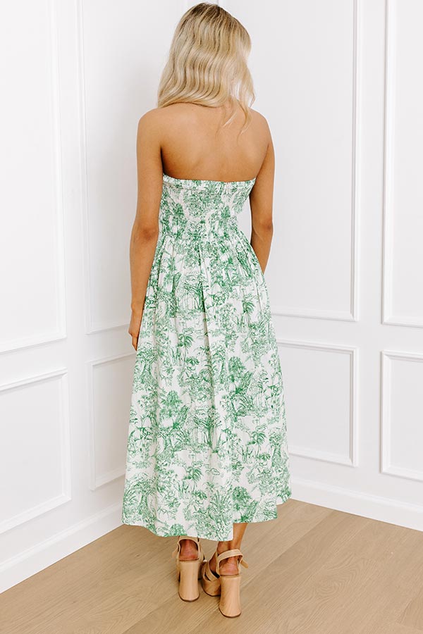 Premium Tropical Veranda Midi Dress in Green