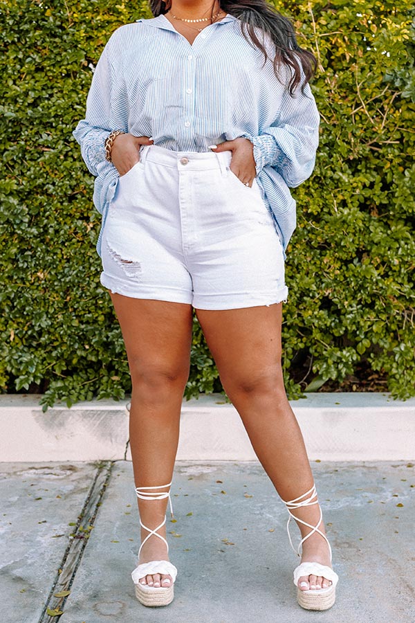 Premium High Waist Distressed Denim Shorts - Risen 'Mel' White Curves Collection