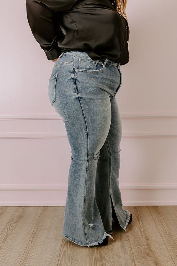 Premium High Waist Distressed Flare Jeans - Light Wash Curves