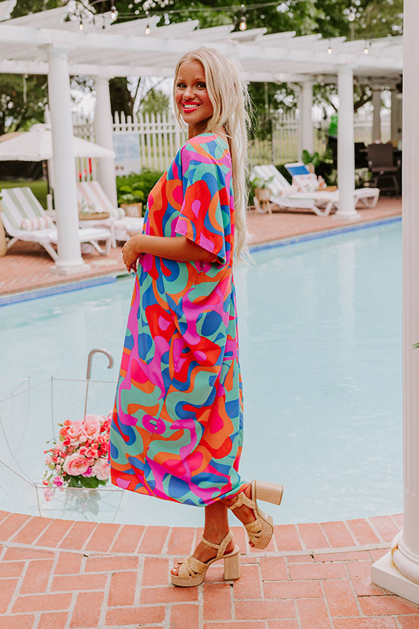 Premium Beachy Days Caftan Midi Dress in Ocean Wave Print