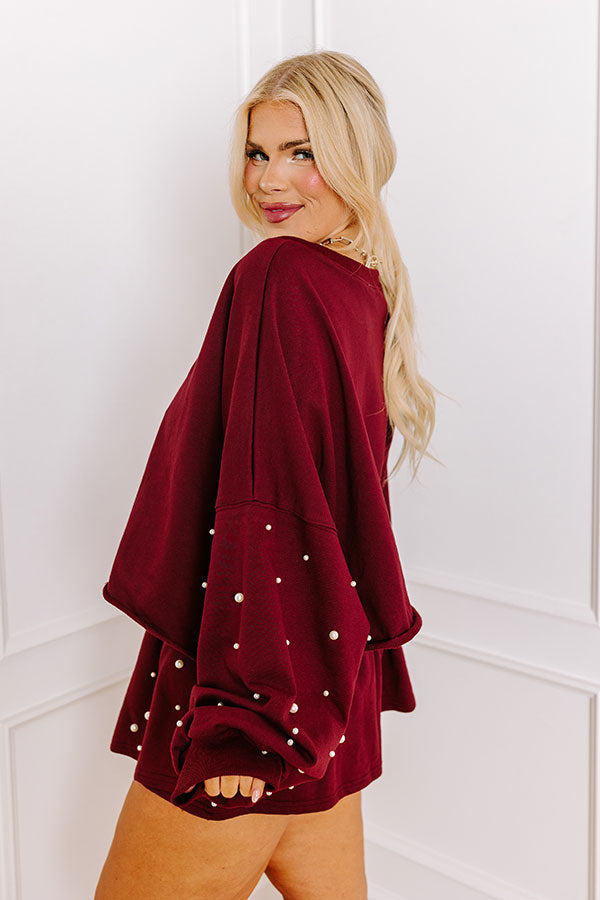 Premium Pearl Embellished Crop Sweatshirt - Maroon Curves Edition