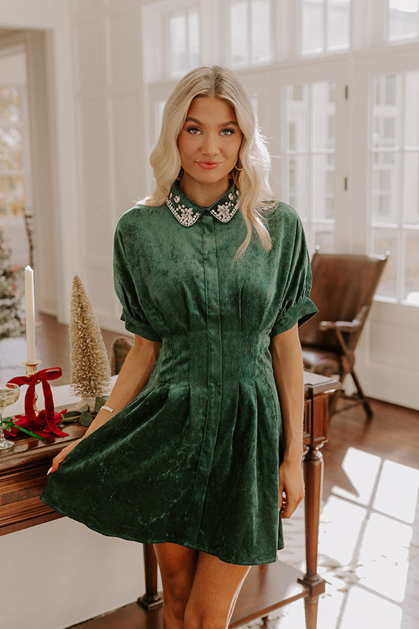 Premium Hunter Green Corduroy Mini Dress with Rhinestone Accents