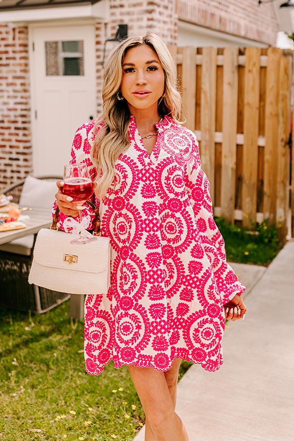 Premium Embroidered Tunic Dress - Hot Pink Floral Design