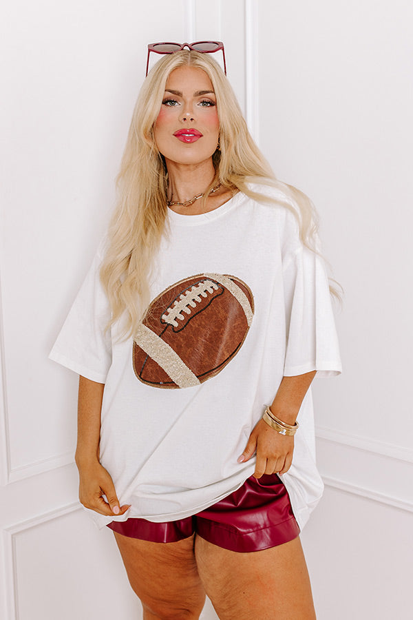 Premium Game Day Tee: Kickoff Cutie Embroidered Oversized Tee in White Curves