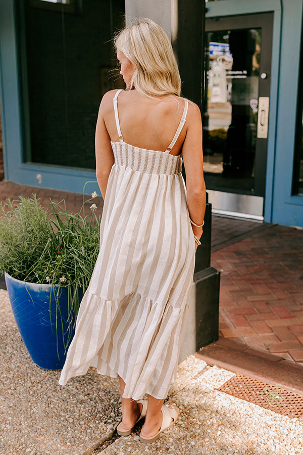 Premium Coastal Striped Midi Dress - Oatmeal