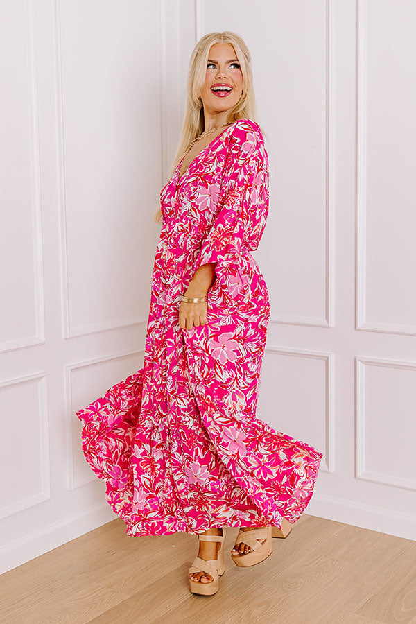 Premium Blossom Breeze Floral Maxi Dress - Hot Pink Curves