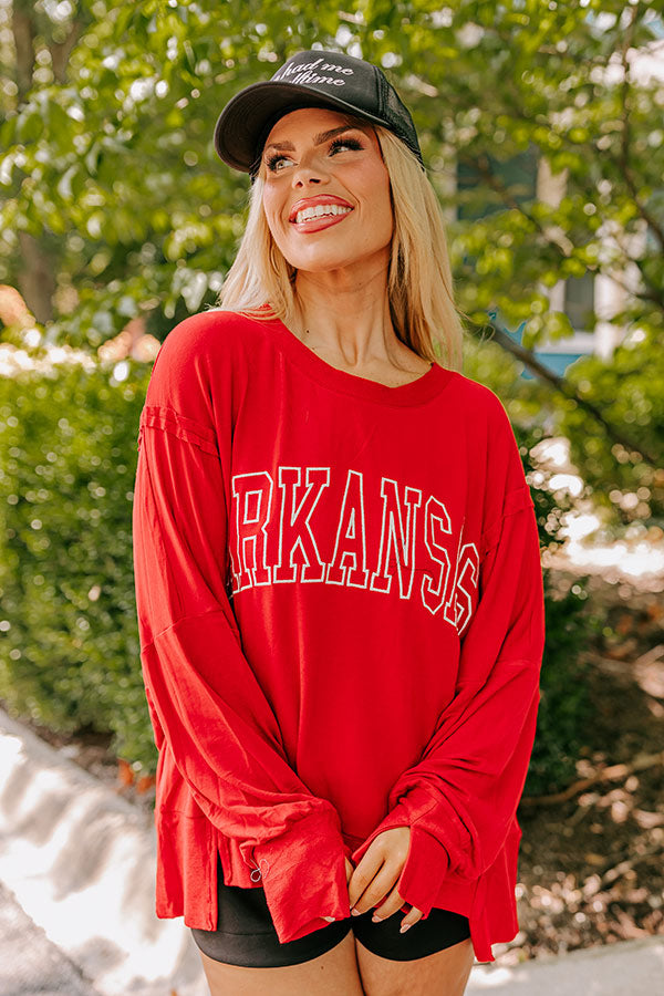 Premium Arkansas Embroidered Long Sleeve Tee - Red Curves Collection