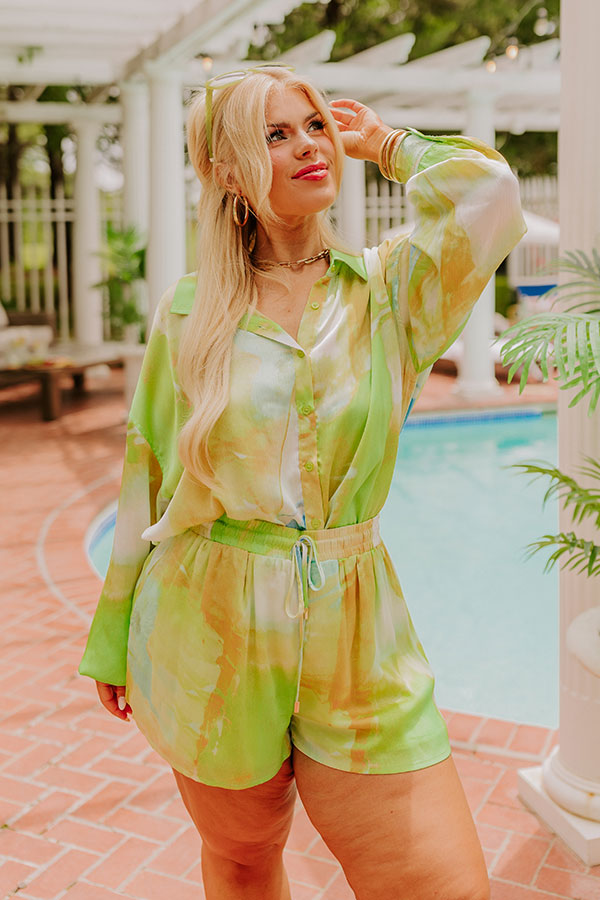 Premium Satin Button-Up Shirt in Lime Punch Marble Print - Curvy Fit