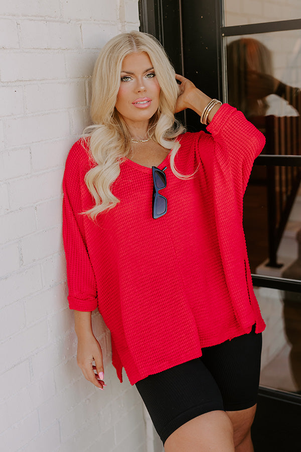 Premium Waffle Knit V-Neck Top - Game Day Essential in Red Curves