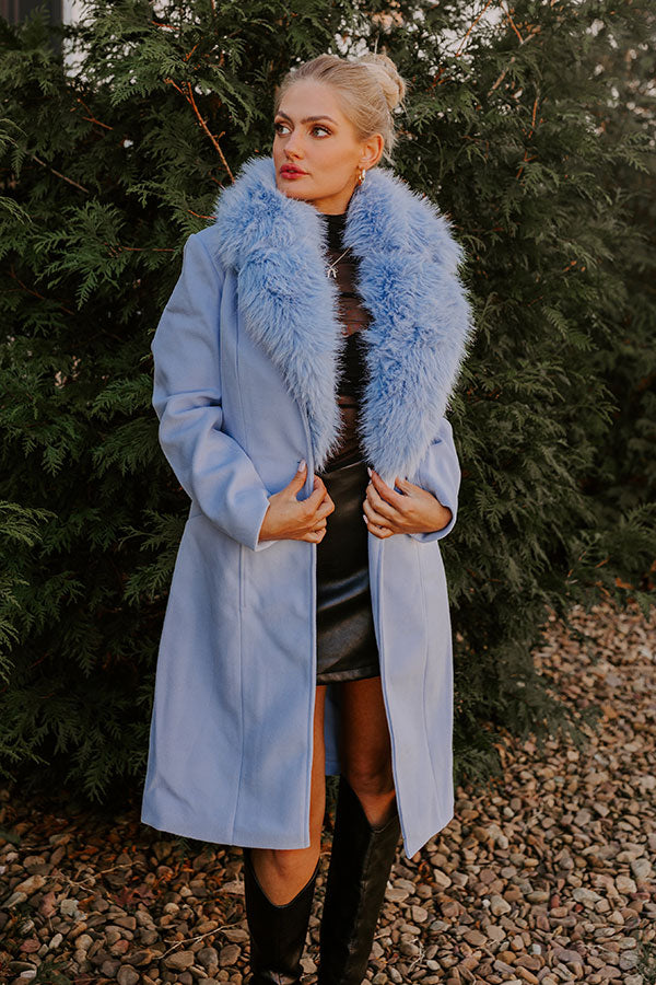 Premium Sky Blue London Bound Coat with Faux Fur Detailing