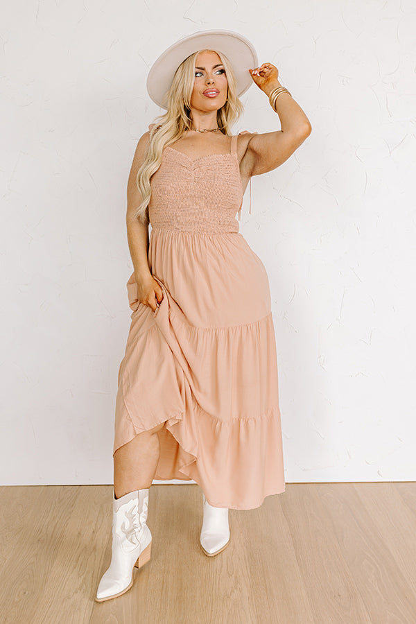 Premium Tucson Stroll Smocked Midi Dress in Iced Mocha Curves