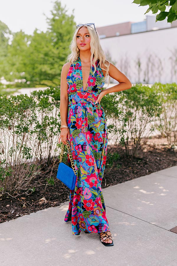 Premium Satin Maxi Dress - Vibrant Floral Print