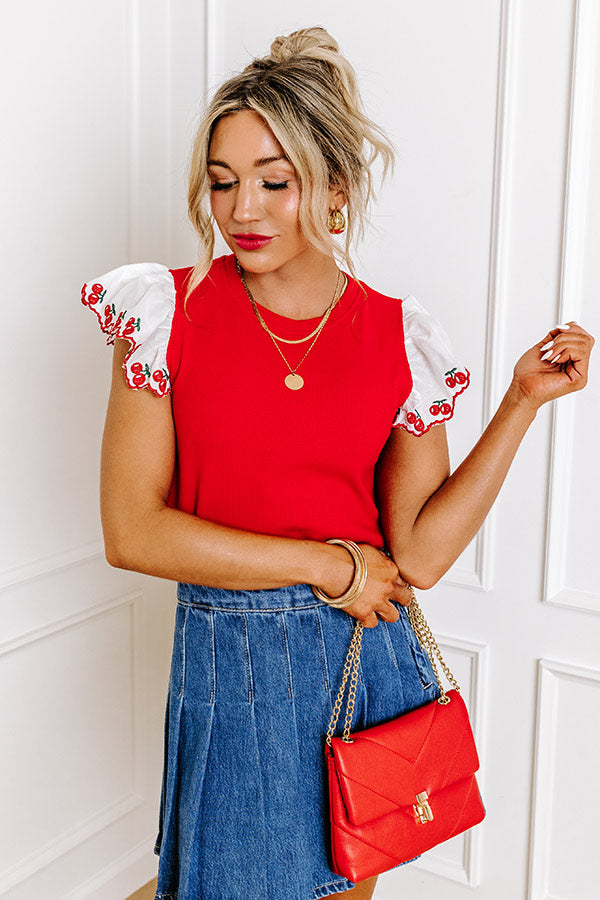 Premium Cherry Embroidered Flutter Sleeve Top