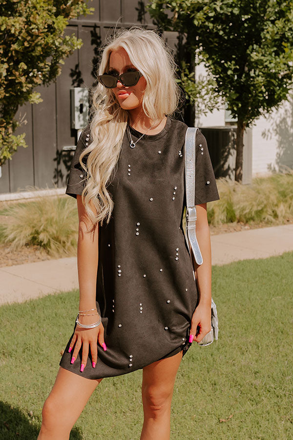 Ultimate Rooftop Soiree Faux Suede Rhinestone Mini Dress