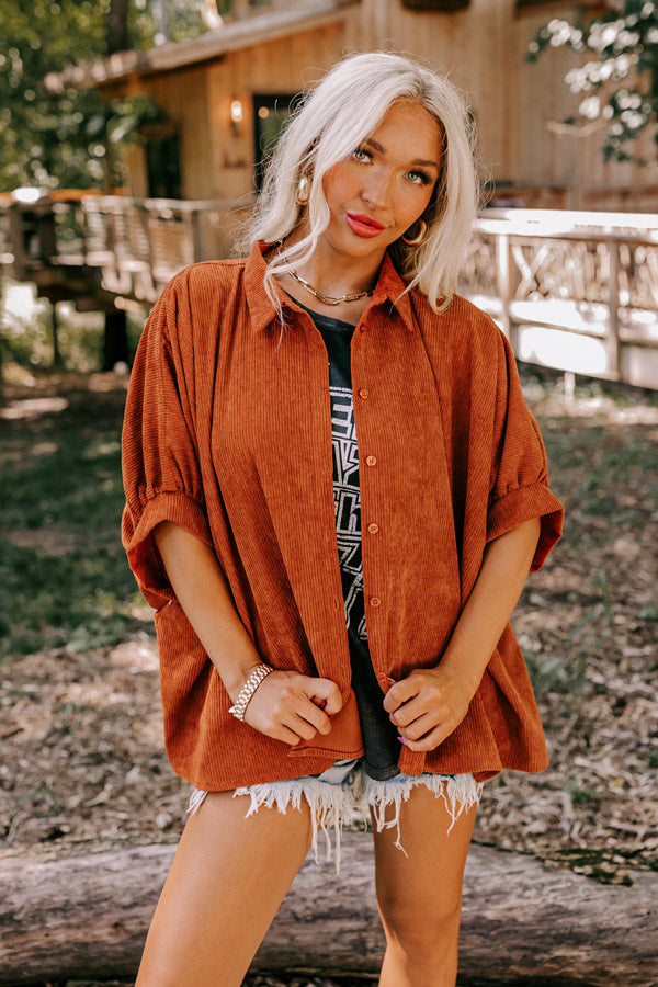 Premium Rust Corduroy Oversized Button-Up Shirt for Fall