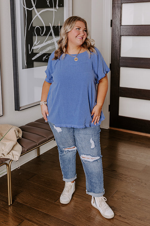 Premium Open Book Frayed Shift Top - Dark Periwinkle Curves