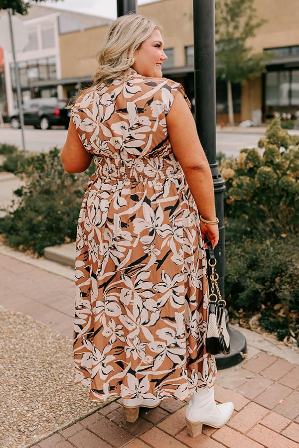 Premium Floral Midi Dress - Effortless Elegance in Camel