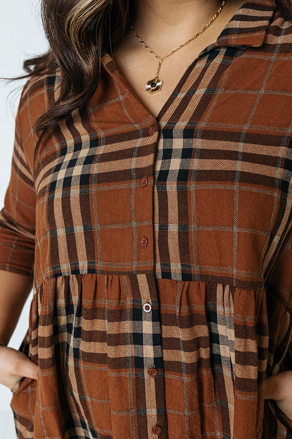 Premium Plaid Tunic Dress - Dark Camel Elegance for Curves