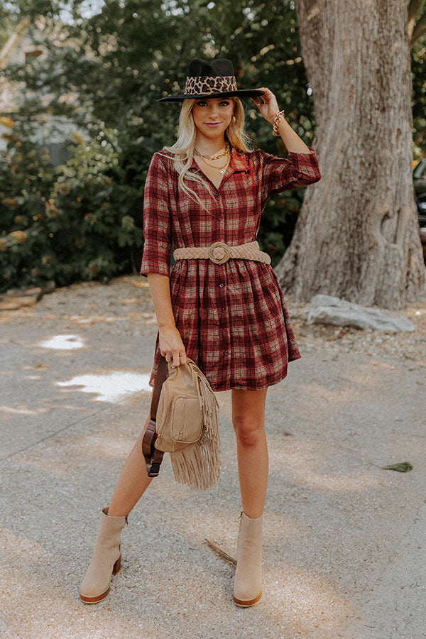 Premium Cherry Mood Plaid Tunic Dress - Wine Red Elegance