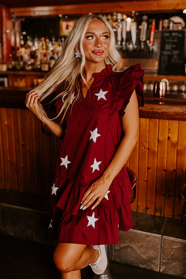 Premium Stadium Glam Ruffle Mini Dress in Maroon