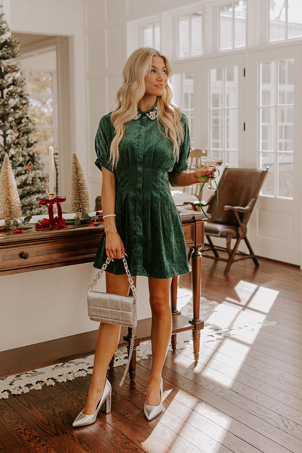 Premium Hunter Green Corduroy Mini Dress with Rhinestone Accents