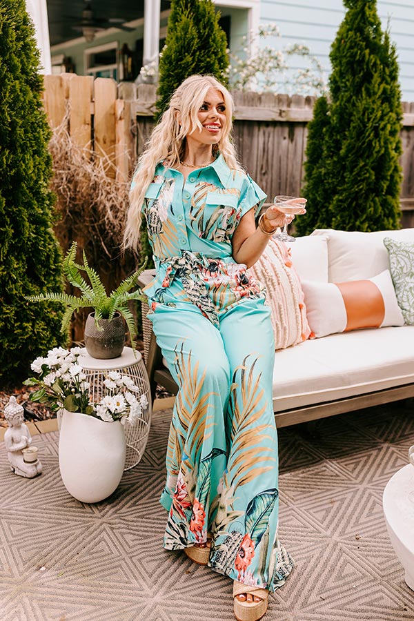 Premium Tropical Tour Jumpsuit | Vibrant Aqua Curves Style