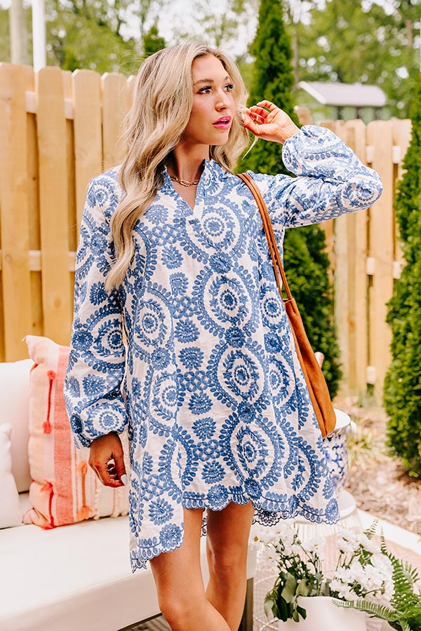 Premium Embroidered Tunic Dress - Blue Floral Elegance