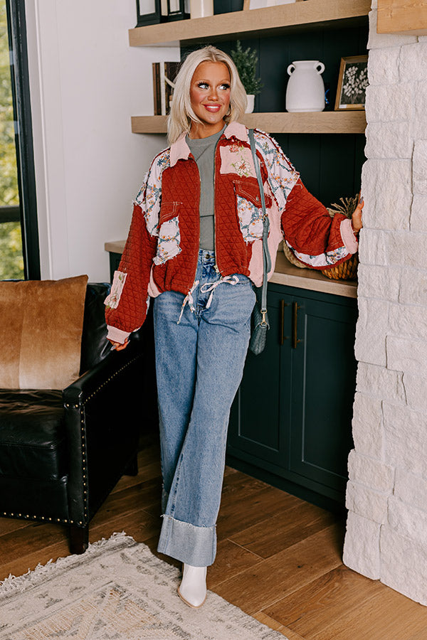 Premium Rust-Toned Quilted Jacket with Floral Accents