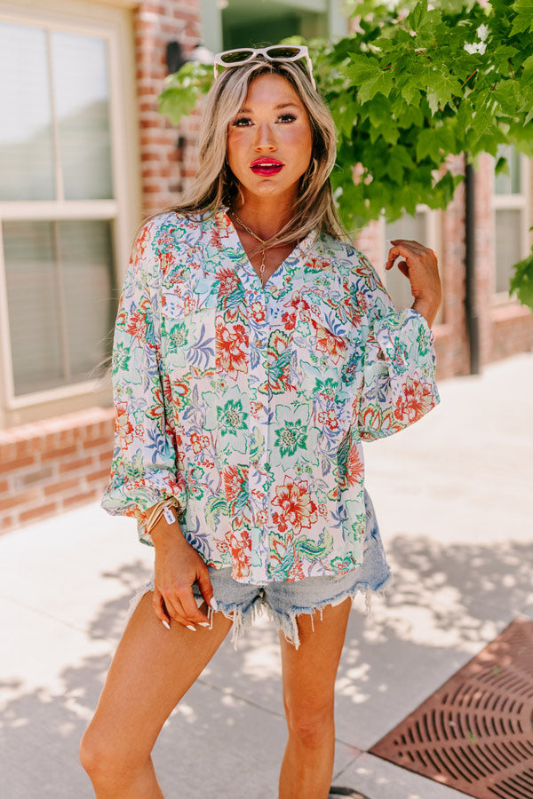 Premium Aqua Floral Button-Up Top - Ultimate Chic Style