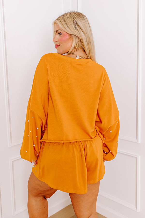 Premium Pearl-Embellished Cropped Sweatshirt - Rust Curves Edition